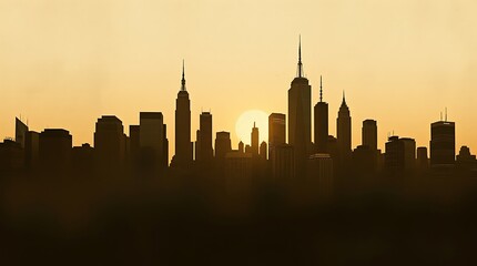 Naklejka premium Surreal City Skyline Silhouette in Mixed Media Style with Muted Earth Tones