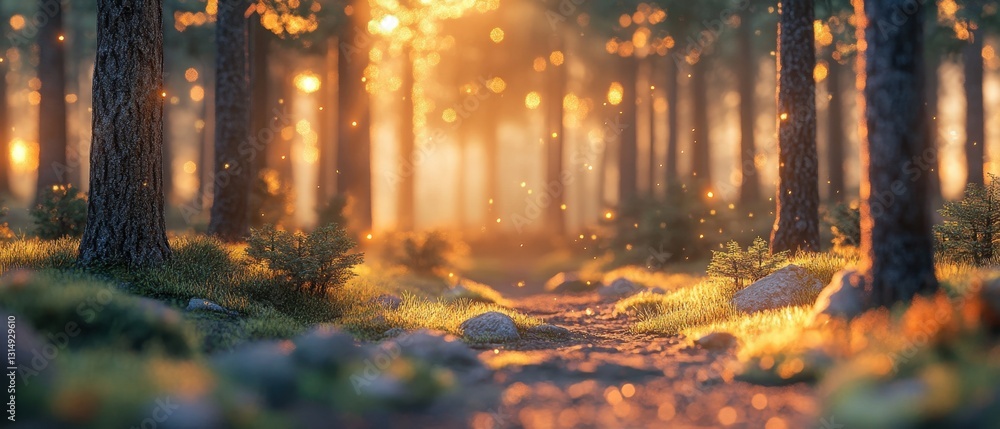 Poster serene forest path bathed in golden sunlight creating a magical atmosphere with glowing particles an