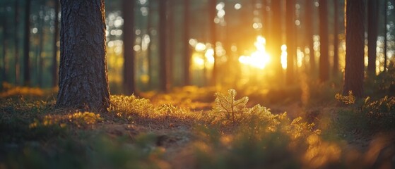Obraz premium Golden hour sunlight illuminating a serene forest floor with a small pine tree and mossy ground cover creating a warm and inviting scene