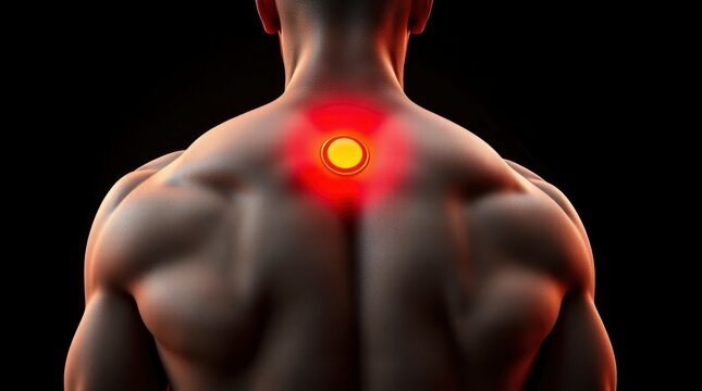 A Muscular Man Experiencing Intense Upper Back Pain Highlighted By A Glowing Red Circle Against A Stark Black Background