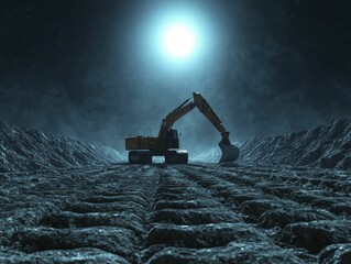 Gleaming excavator rested on pristine construction site, sunlight shimmering across its polished exterior.