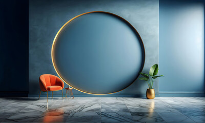 Blaue Wand und Marmorfu&szlig;boden mit rundem Element, Sessel und Pflanze, mock-up