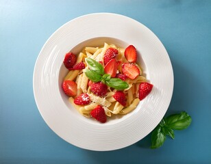 delicious pasta dish with fresh strawberries basil leaves cheese and red sauce served in a white bowl against a minimalist background for culinary photography