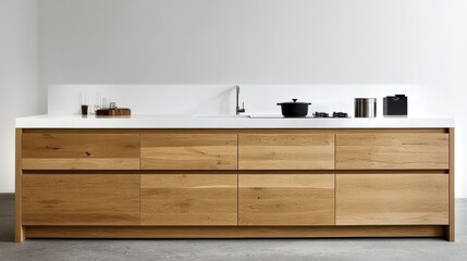 Minimalist Kitchen Island with Wooden Cabinets and White Countertop