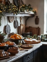 Naklejka premium A cozy rustic kitchen filled with fresh oranges and warm pastries