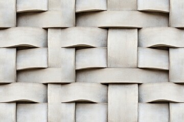 White interwoven wooden wall panel forming an intricate three dimensional basket weave pattern with minimalist aesthetic for contemporary interior and architectural styling