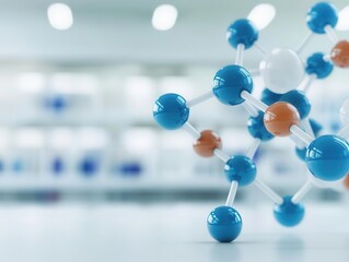 Floating molecular models glowing in a sterile, white research environment