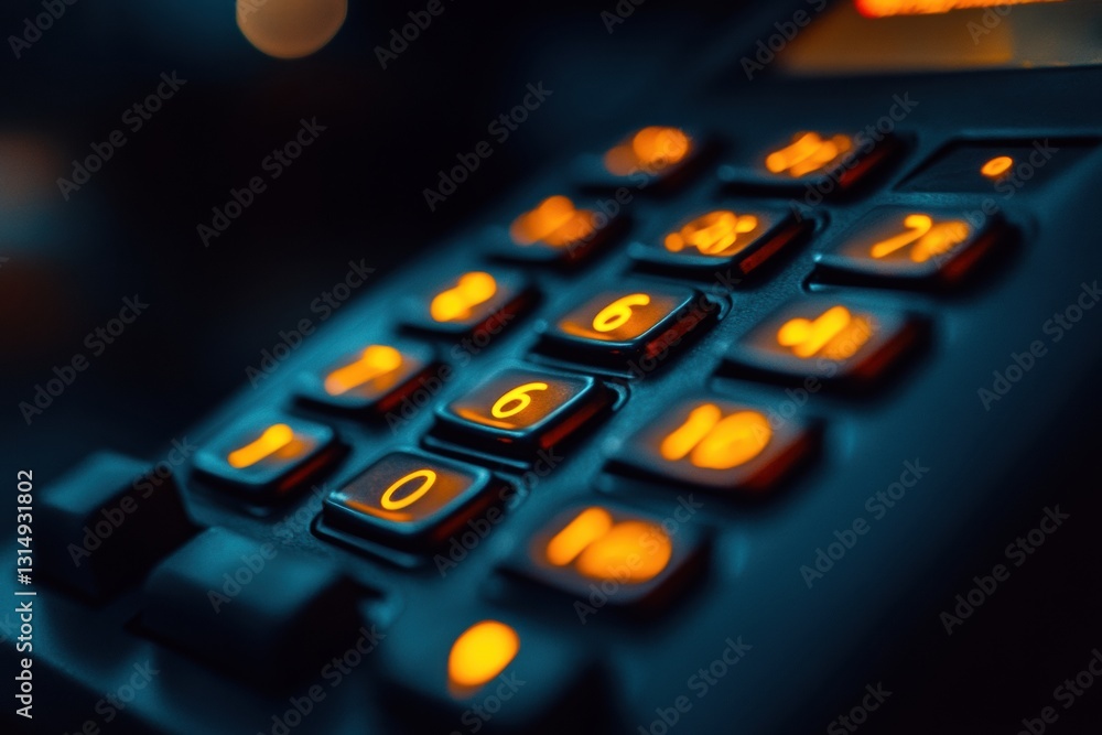 Poster Close up view of an illuminated alarm system keypad highlighting modern security in a dim office setting