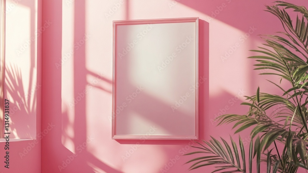 Poster bright pink walls create a cheerful ambiance in this minimalist space, where a blank canvas awaits i