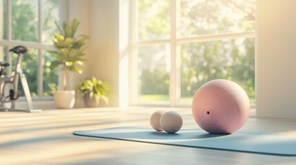 Home gym exercise balls, sunny room