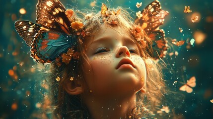 Fototapeta premium A beautiful mysterious girl feels a connection with butterflies. The unity of man and nature in a secret atmosphere.