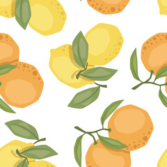 Vector seamless pattern with oranges and lemons on white background