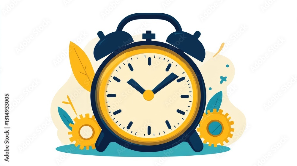 Poster clock with cogs and gears forming an abstract mechanism of time efficiency.