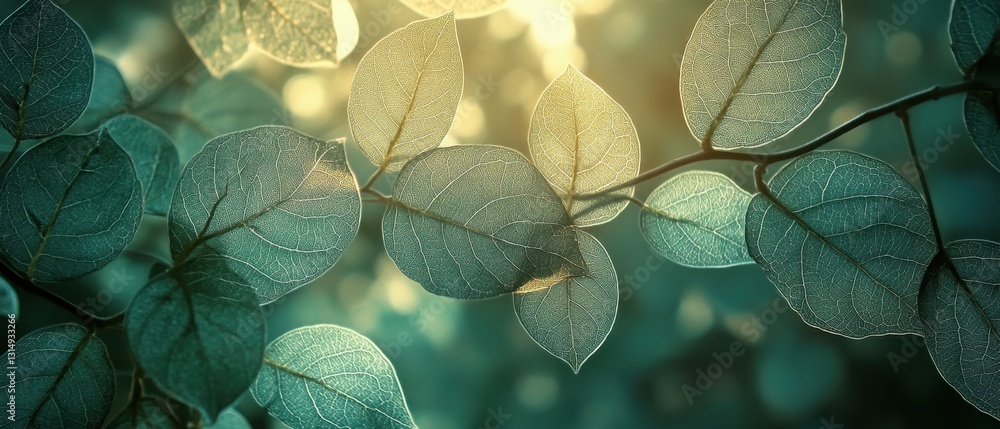Poster serene eucalyptus leaves in soft sunlight capturing delicate veins and tranquil green hues with a bo