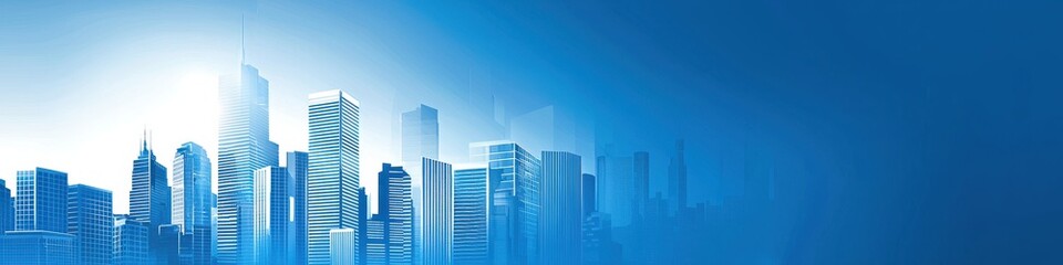 Fototapeta premium Panoramic view of a city skyline with modern skyscrapers and high-rise buildings under a gradient blue sky