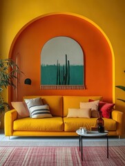 Modern living room featuring a vibrant orange and yellow color scheme