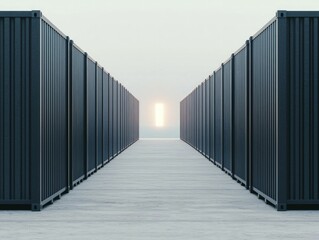 An organized construction supply chain depicted as a straight line of containers leading to a glowing destination.