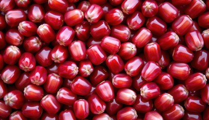 A high-resolution close-up macro shot of glossy, ruby-red pomegranate seeds arranged in a tight, seamless pattern. 