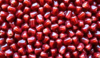 A high-resolution close-up macro shot of glossy, ruby-red pomegranate seeds arranged in a tight, seamless pattern. 