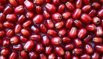 A high-resolution close-up macro shot of glossy, ruby-red pomegranate seeds arranged in a tight, seamless pattern. 