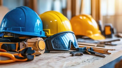 Close-up of construction tools and safety gear on a wooden workbench.