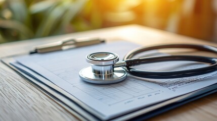 Close-up of medical stethoscope resting on a clipboard with a patient chart.