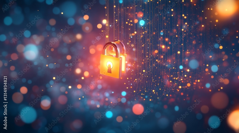 Poster unlocking connection a glowing lock above a techno network digital realm conceptual artwork futurist