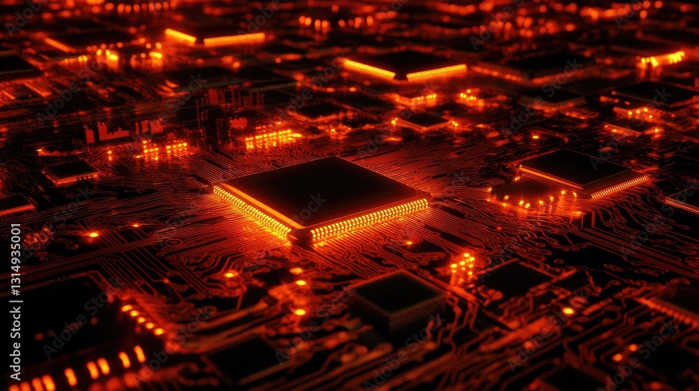 Poster cloud computing and data transfer concept with a glowing circuit board.