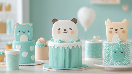 Cute, colorful cakes with animal designs on a pastel background.
