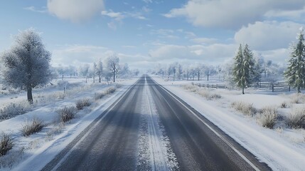 Fototapeta premium A snowy road stretches through a winter landscape under a blue sky with fluffy clouds.