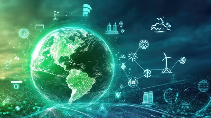 Fototapeta premium Conceptual glowing Earth surrounded by sustainable energy symbols.