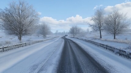 Obraz premium A snowy road winding through a winter landscape under a clear blue sky.