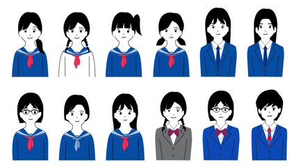 制服を着ている女の子の生徒のアバターセット