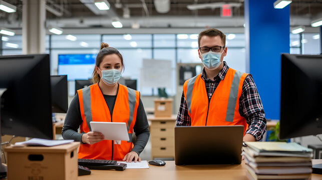 Two employees at workplace during pandemic - Powered by Adobe