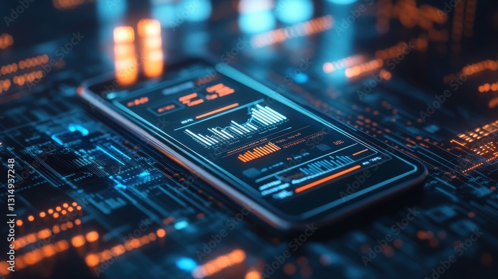 Poster a sleek smartphone displays vibrant data analytics on a digital interface, surrounded by a high-tech