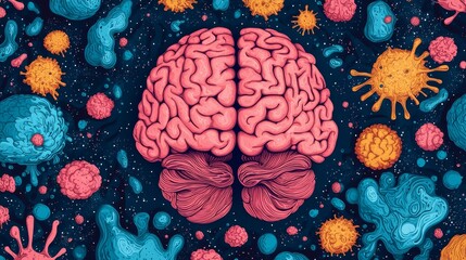 A colorful illustration of a brain surrounded by various microorganisms, highlighting the connection between mental processes and biology.