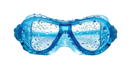 Blue swimming goggles covered in water droplets on transparent background