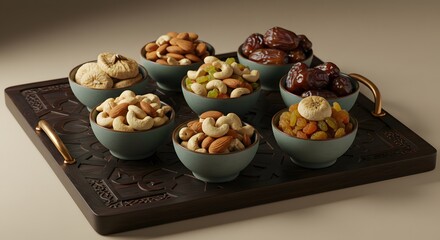 Assorted dried fruits and nuts in bowls on wooden tray figs food dark diet meal dates snack sweet