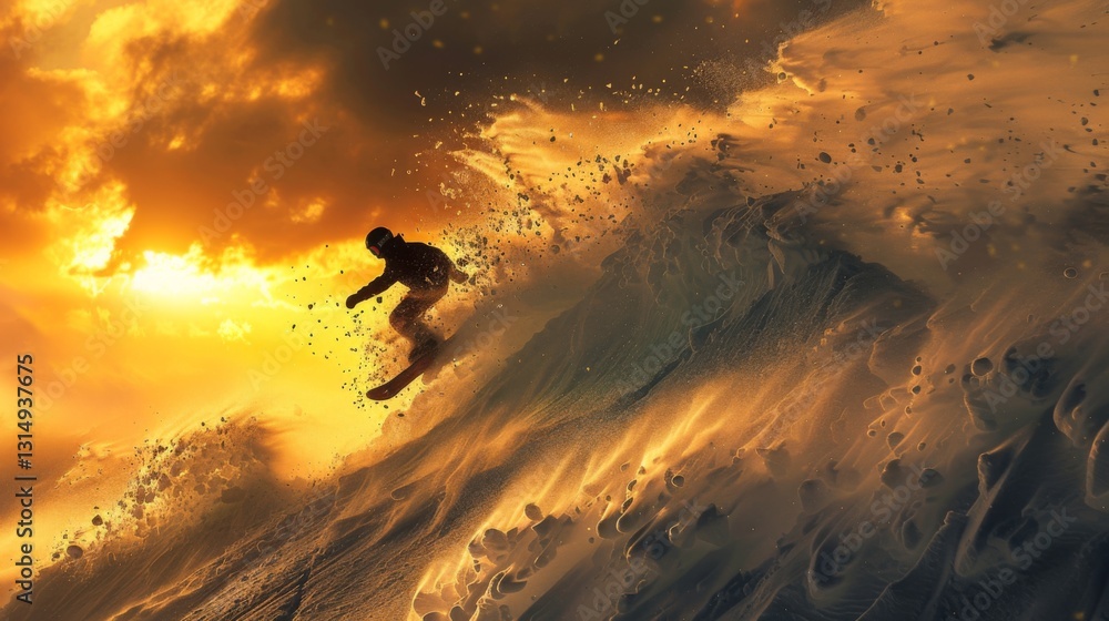 Poster a lone surfer skillfully navigates a large wave as the sun sets, casting vibrant golden light across