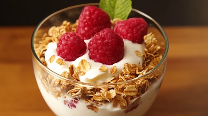 Delicious parfait with yogurt and raspberries.
