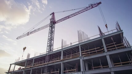 Crane lifting a steel beam into place at a large-scale commercial construction site.
