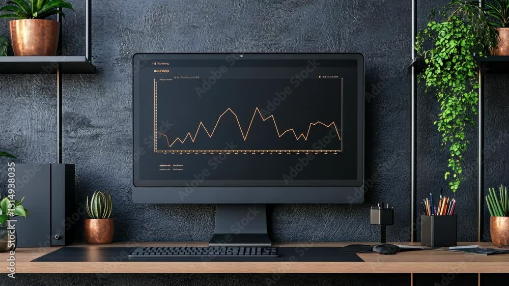Poster modern workspace featuring a sleek computer monitor displaying stock market trends with plants and d