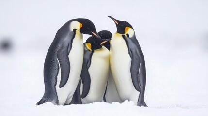 Penguins huddling together on snow winter scene wildlife photography arctic environment close-up view gentle companionship