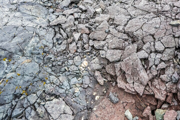 Basalt rock showing different textures and cracks in iceland