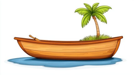 Brown Wooden Boat and Palm Tree on Tiny Island