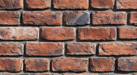 Fototapeta premium Red brick wall features a variety of textures and shades, presenting a warm and rustic appearance