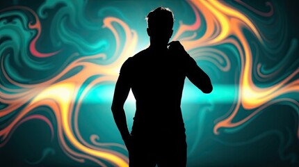 A silhouette stands against a vibrant abstract background of swirling colors showcasing dynamic modern creativity