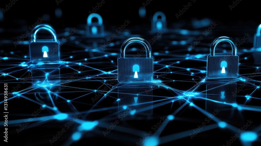 Poster cyber network security visualization with encrypted data links and protection layers.