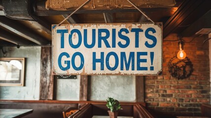 "Charming Rustic Restaurant Interior with Vintage 'Tourists Go Home!' Sign and Worn D&eacute;cor"