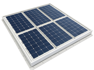 A solar panel with a white frame, featuring four vertical sections each containing multiple small, dark blue photovoltaic cells.